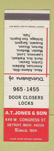 Matchbook Cover - AT Jones Sons Detroit MI Door Closers Locks