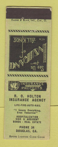 Matchbook Cover - RO Holton Insurance Douglas GA low phone #