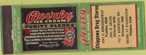 Matchbook Cover - Chippewa Drug Stores Pevely Ice Cream WORN