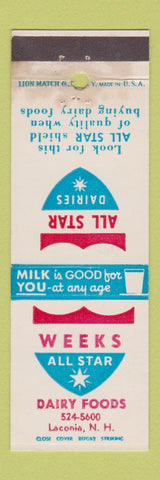 Matchbook Cover - Weeks All Star Dairy Foods Laconia NH STAINED