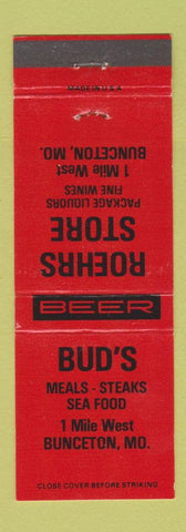 Matchbook Cover - Bud's Restaurant Bunceton MO Roehrs Store RED
