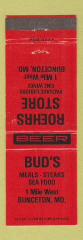 Matchbook Cover - Bud's Restaurant Bunceton MO Roehrs Store WEAR