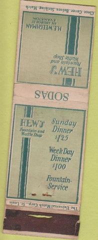 Matchbook Cover - Hew's Waffle Shop Evanston IL Universal 20s? Long WORN