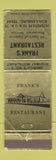 Matchbook Cover - Frank's Restaurant Schulenburg TX WORN