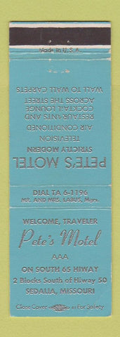 Matchbook Cover - Pete's Motel Sedalia MO