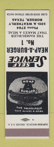 Matchbook Cover - Heap a Burger Hamburgers Borger TX low phone # SAMPLE