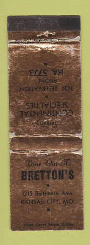 Matchbook Cover - Bretton's Restaurant Kansas City MO POOR