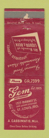 Matchbook Cover - Gem Restaurant St Louis MO WORN