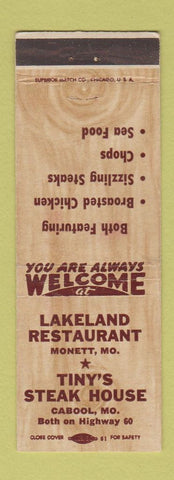 Matchbook Cover - Tiny's Steak House Lakeland Restaurant Monett MO Cabool