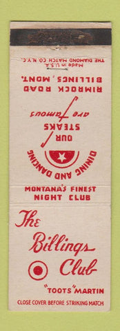 Matchbook Cover - Billings Club Restaurant Billings MT WORN