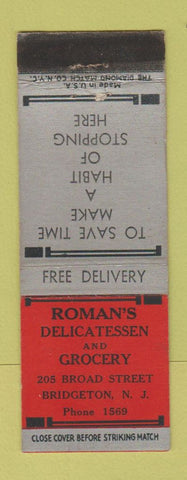 Matchbook Cover - Roman's Deli Grocery Bridgeton NJ low phone # WEAR