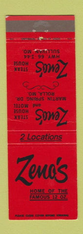 Matchbook Cover - Zeno's Steak House Rolla Sullivan MO Route 66 WEAR