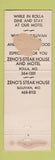 Matchbook Cover - Zeno's Steak House Rolla Sullivan MO Route 66 WEAR