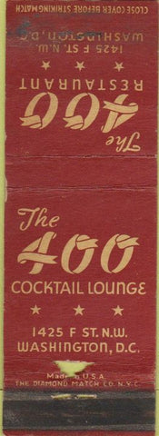 Matchbook Cover - 400 Restaurant Washington DC WORN