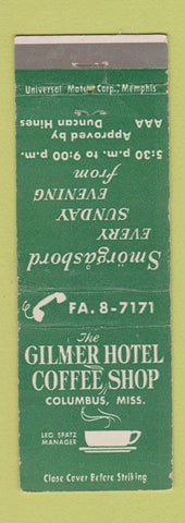 Matchbook Cover - Gilmer Hotel Coffee Shop Columbus MS