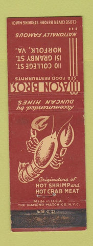Matchbook Cover - Mason Bros  Restaurant Seafood lobster Norfolk VA WEAR