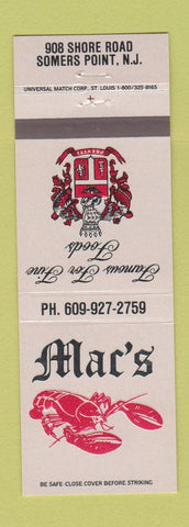 Matchbook Cover - Mac's Lobster Restaurant Somers Point NJ