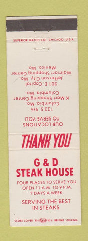 Matchbook Cover - G&D Steak House Mexico Jefferson City Columbia MO