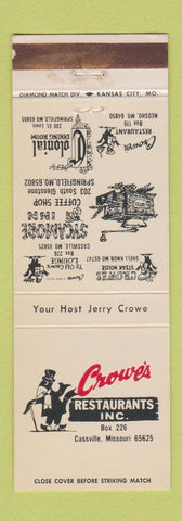Matchbook Cover - Crowe's Restaurants Cassville MO