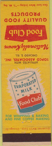 Matchbook Cover - Food Club Evaporated Milk Chicago IL