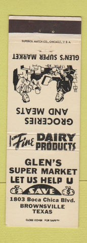 Matchbook Cover - Glen's Super Market Grocery Brownsville TX