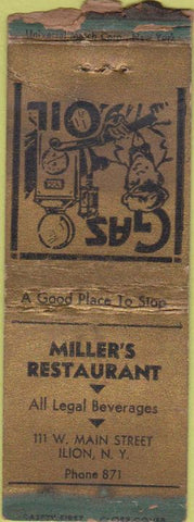 Matchbook Cover - Miller's Restaurant Ilion NY Safety First BOBTAIL POOR