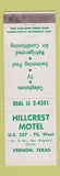 Matchbook Cover - Hillcrest Motel Vernon TX WEAR