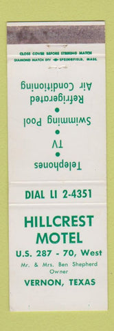 Matchbook Cover - Hillcrest Motel Vernon TX WEAR