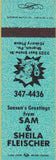 Matchbook Cover - Sam Shiela Fleischer Sharon PA teal