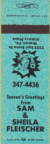 Matchbook Cover - Sam Shiela Fleischer Sharon PA teal