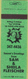 Matchbook Cover - Sam Shiela Fleischer Sharon PA green