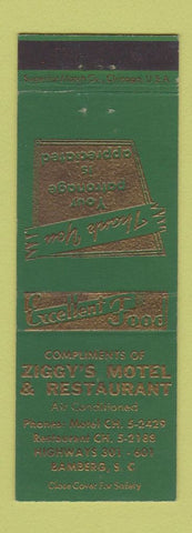 Matchbook Cover - Ziggy's Motel Restaurant Bamberg SC