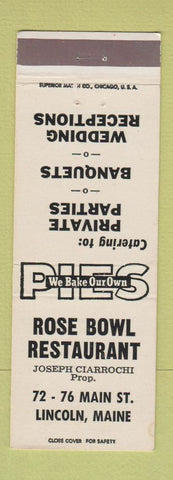 Matchbook Cover - Rose Bowl Restaurant Lincoln ME