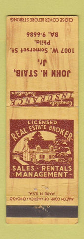 Matchbook Cover - John Staid Real Estate Philadelphia PA WEAR