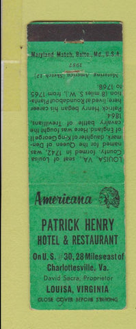 Matchbook Cover - Patrick Henry Hotel Louisa VA Perkins Americana WEAR