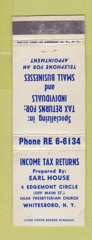 Matchbook Cover - Income Tax Returns Earl House Whitesboro NY WEAR