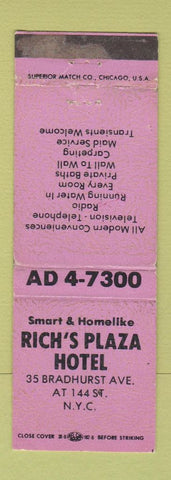 Matchbook Cover - Rich's Plaza Hotel New York City WEAR