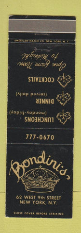 Matchbook Cover - Bondini's New York City restaurant