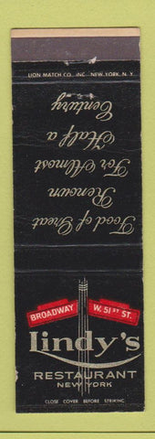 Matchbook Cover - Lindy's Restaurant New York City