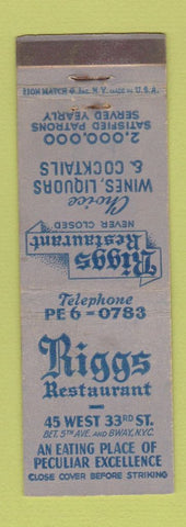 Matchbook Cover - Riggs Restaurant New York City WEAR