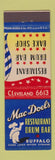 Matchbook Cover - Mac Doel's Restaurant Buffalo NY
