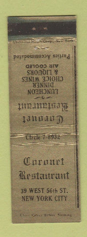 Matchbook Cover - Coronet Restaurant New York City WEAR