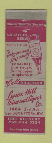 Matchbook Cover - Lenox Hill Wine and Liquor New York City WORN