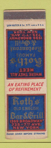 Matchbook Cover - Roth's Restaurant Grill New York City