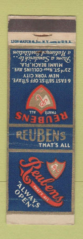Matchbook Cover - Reubens Restaurant New York City Miami Beach FL