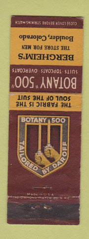 Matchbook Cover - Botany 500 Men's Clothes Bergheim's Boulder Colorado WORN