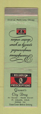 Matchbook Cover - Grovert's City Drug Fort Collins Colorado low phone # WEAR