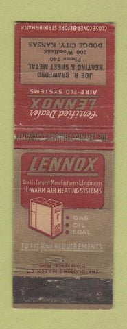 Matchbook Cover - Lennox Heating Joe Crawford Dodge City KS WORN