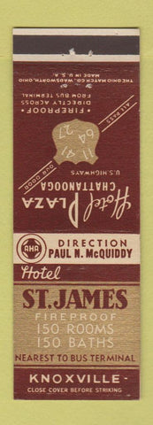 Matchbook Cover - Hotel Plaza Chattanooga TN St James Knoxville TN