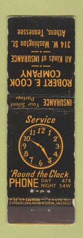 Matchbook Cover - Robert E Cook Insurance Athens TN clock feature WEAR